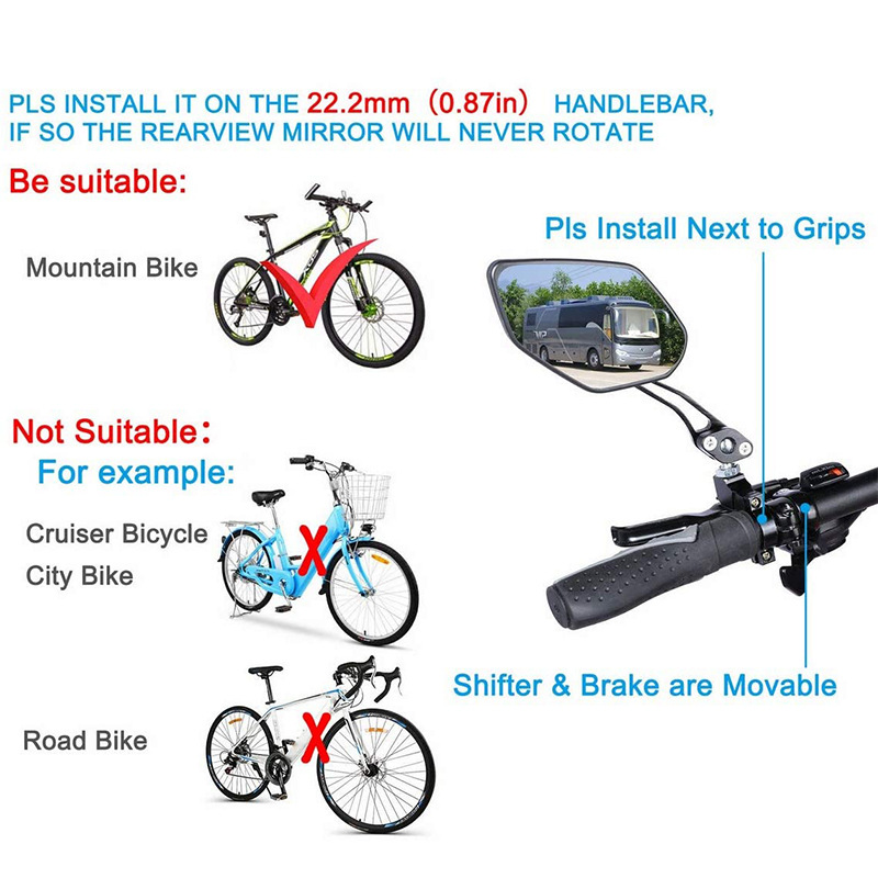 Bicycle Mirrors, [Upgraded Version] Two pcs HD Safety Glass Adjustable Rearview Mirrors for Mountain Bike, Adjustable Glass Rearview Mirror