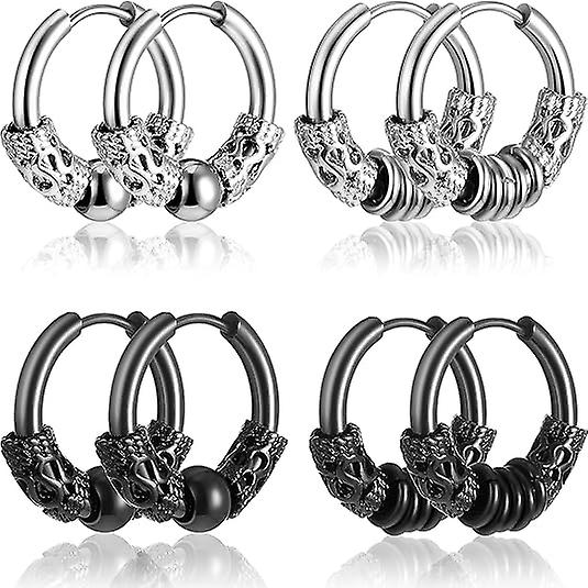 14mm Men's Titanium Steel Hoop Earrings Set - Black & Silver, Punk Rock Style