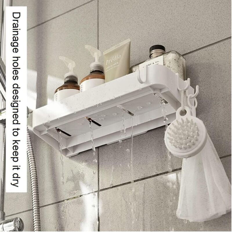 Set of 2 shower shelves, shower shelf without drilling, wall shelf with 6 removable hooks, for bathroom, kitchen, white