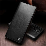 Compatible with Samsung Galaxy S24 Ultra Compatible Genuine Leather Wallet Phone Case Flip Stand Cover Black