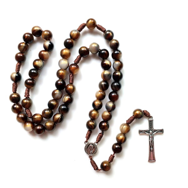 Crucifix Rosary Beads Necklace Medal Chain Pendant Necklace Brown Acrylic Beads Long Chain Pray Jewelry Gift
