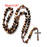 Crucifix Rosary Beads Necklace Medal Chain Pendant Necklace Brown Acrylic Beads Long Chain Pray Jewelry Gift - Top-Down View