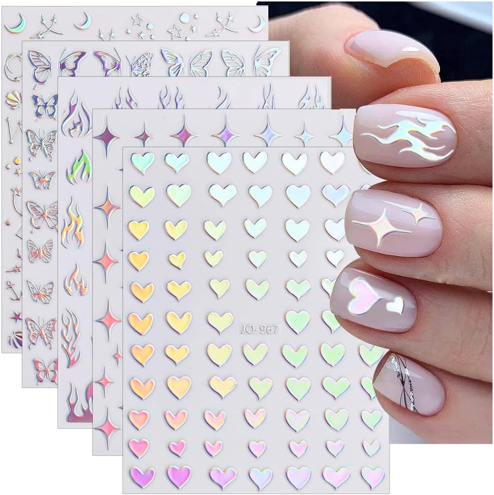 Aurora Nail Stickers 8 Sheets 3D Holographic Laser Heart Star Moon Flower Butterfly Nail Decals Self-Adhesive