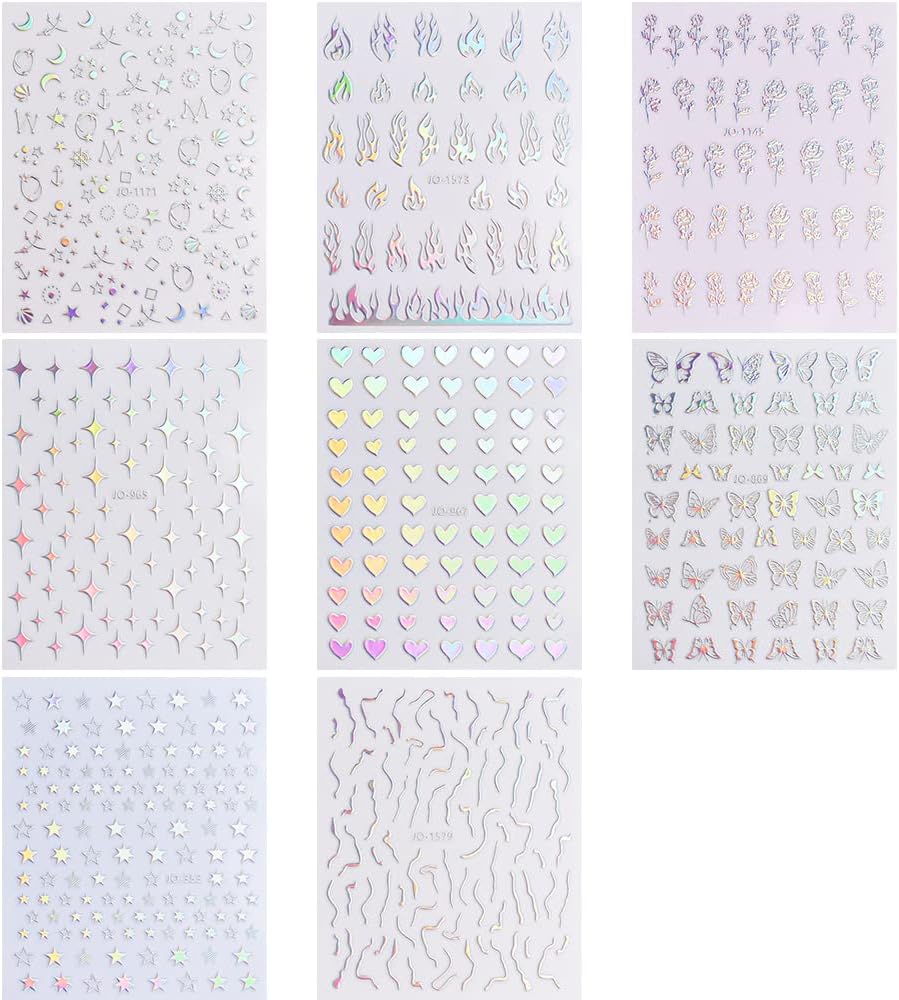 Aurora Nail Stickers 8 Sheets 3D Holographic Laser Heart Star Moon Flower Butterfly Nail Decals Self-Adhesive
