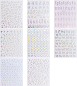 Aurora Nail Stickers 8 Sheets 3D Holographic Laser Heart Star Moon Flower Butterfly Nail Decals Self-Adhesive - Front View