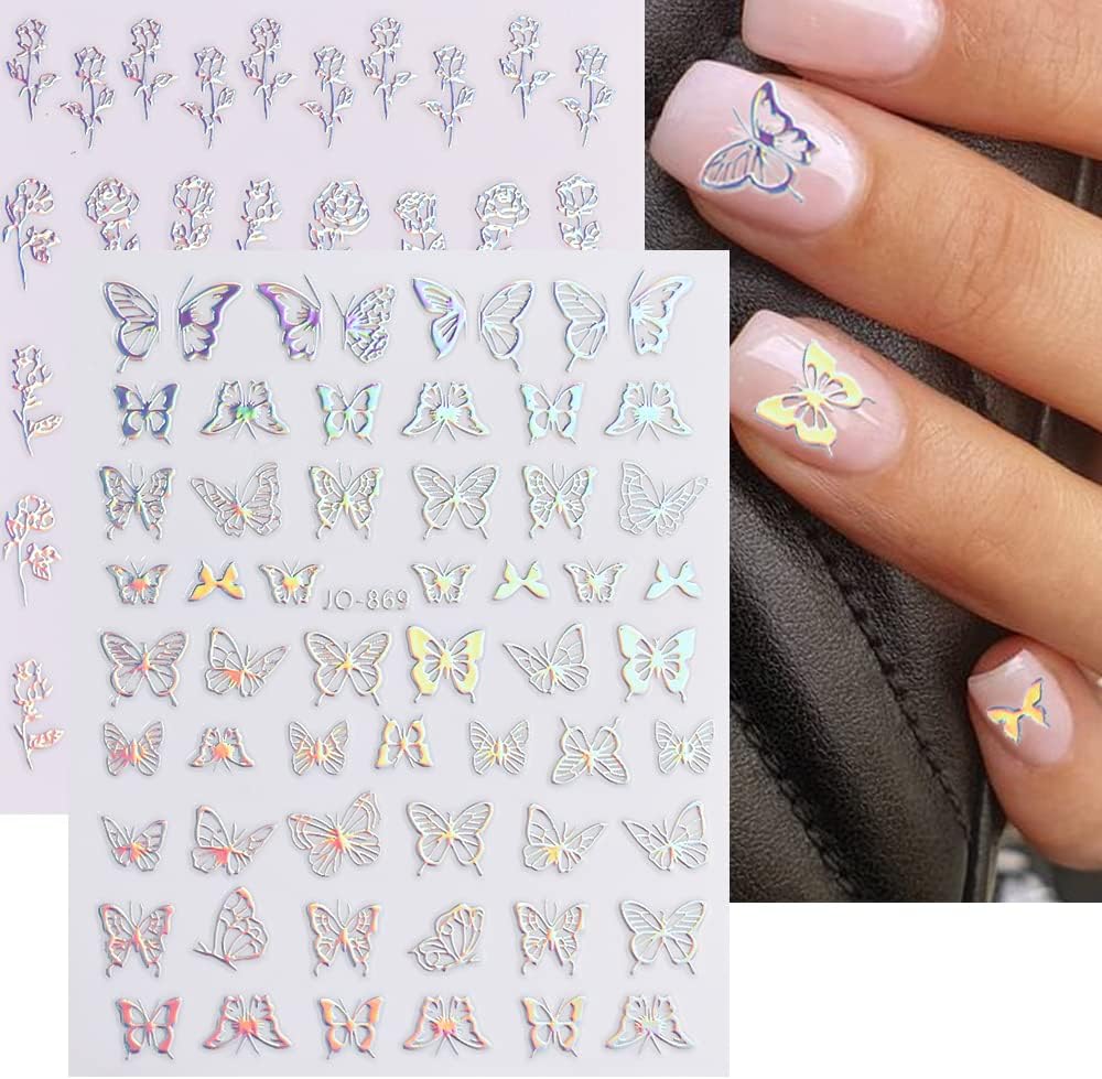 Aurora Nail Stickers 8 Sheets 3D Holographic Laser Heart Star Moon Flower Butterfly Nail Decals Self-Adhesive