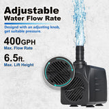 400GPH Submersible Water Pump, Ultra Quiet Fountain Pump for Ponds, Aquariums, Fish Tanks and Hydroponics. Adjustable Flow with 10ft Power Cord. - Front View