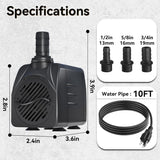 400GPH Submersible Water Pump, Ultra Quiet Fountain Pump for Ponds, Aquariums, Fish Tanks and Hydroponics. Adjustable Flow with 10ft Power Cord. - Side View