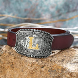 Men's American Western Belt Buckle Knight Vintage Initial Letters A to Z Alphabet Cowboy Rodeo Belt Buckle - Top-Down View
