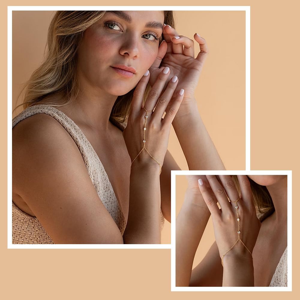 Hand Chain Bracelet 14K Plated Gold Bracelet Stack Finger Ring for Women Adjustable Rhinestone Ring Bracelet Hand Chain for Women Trendy Jewelry Non Tarnish Gold Ring Hand Bracelet Gold