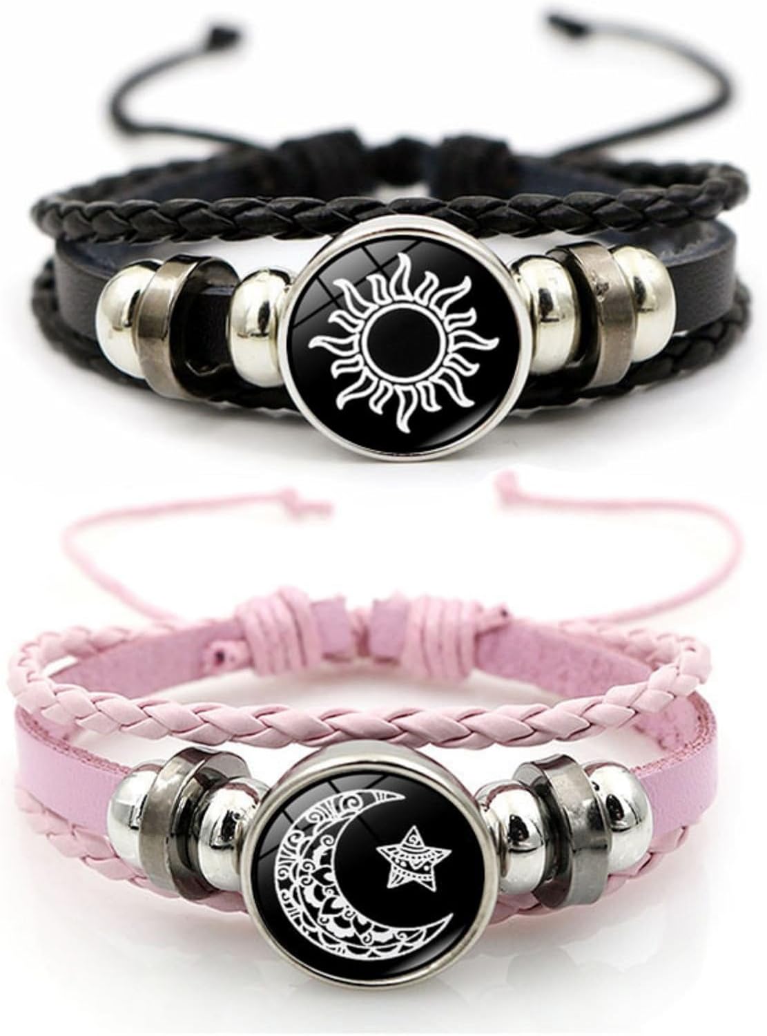 Luminous Sun and Moon Couple Bracelet - Glow in the Dark Matching Braided Leather Jewelry for Couples, Adjustable Long Distance Love Gift for Him & Her