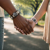 Luminous Sun and Moon Couple Bracelet - Glow in the Dark Matching Braided Leather Jewelry for Couples, Adjustable Long Distance Love Gift for Him & Her - Top-Down View