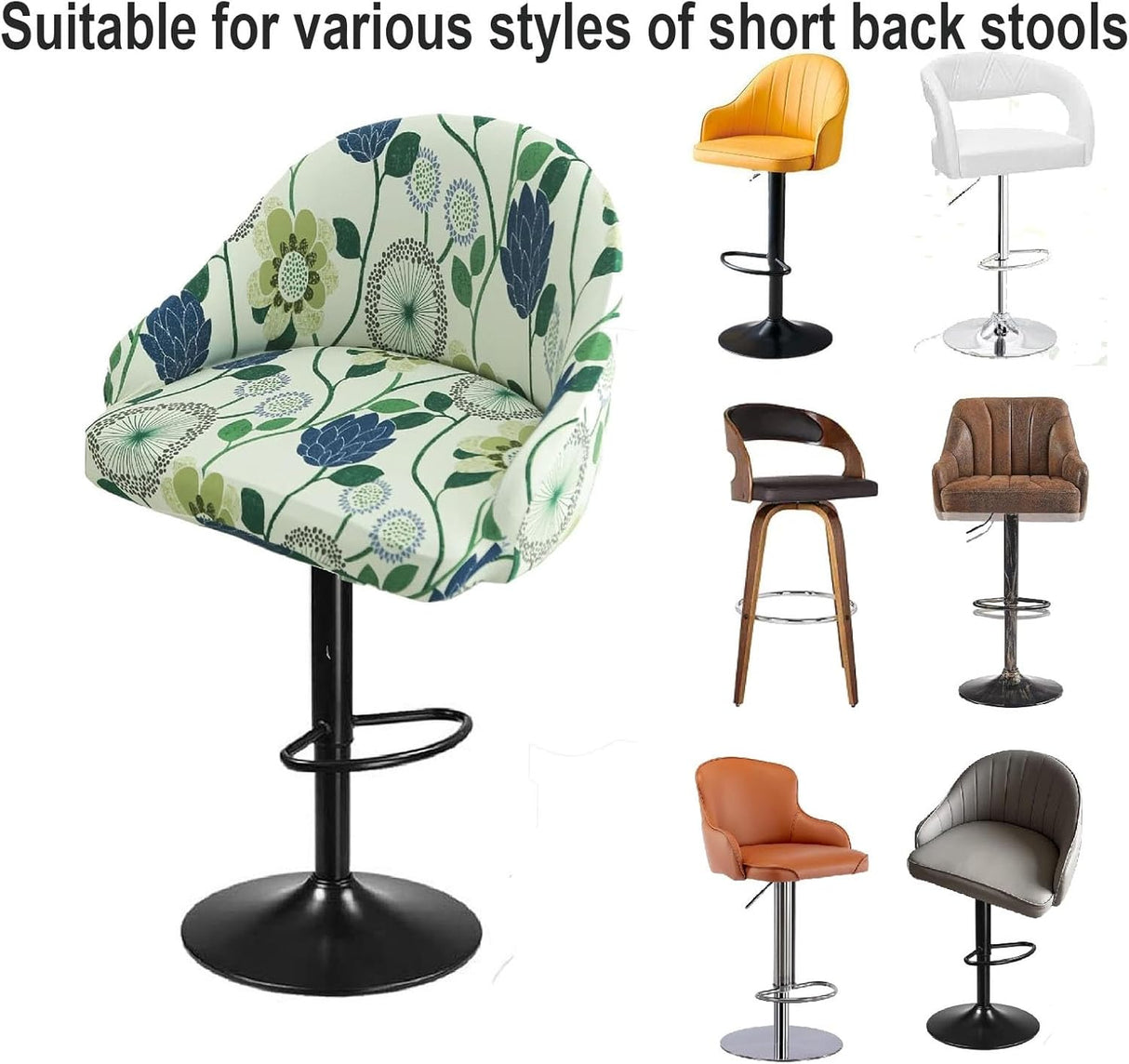 Bar Stool Cover With Back - Stretch Slipcover for Swivel and Counter Chairs, Armchair, Kitchen Island - Short Back, Round, Curved Accent