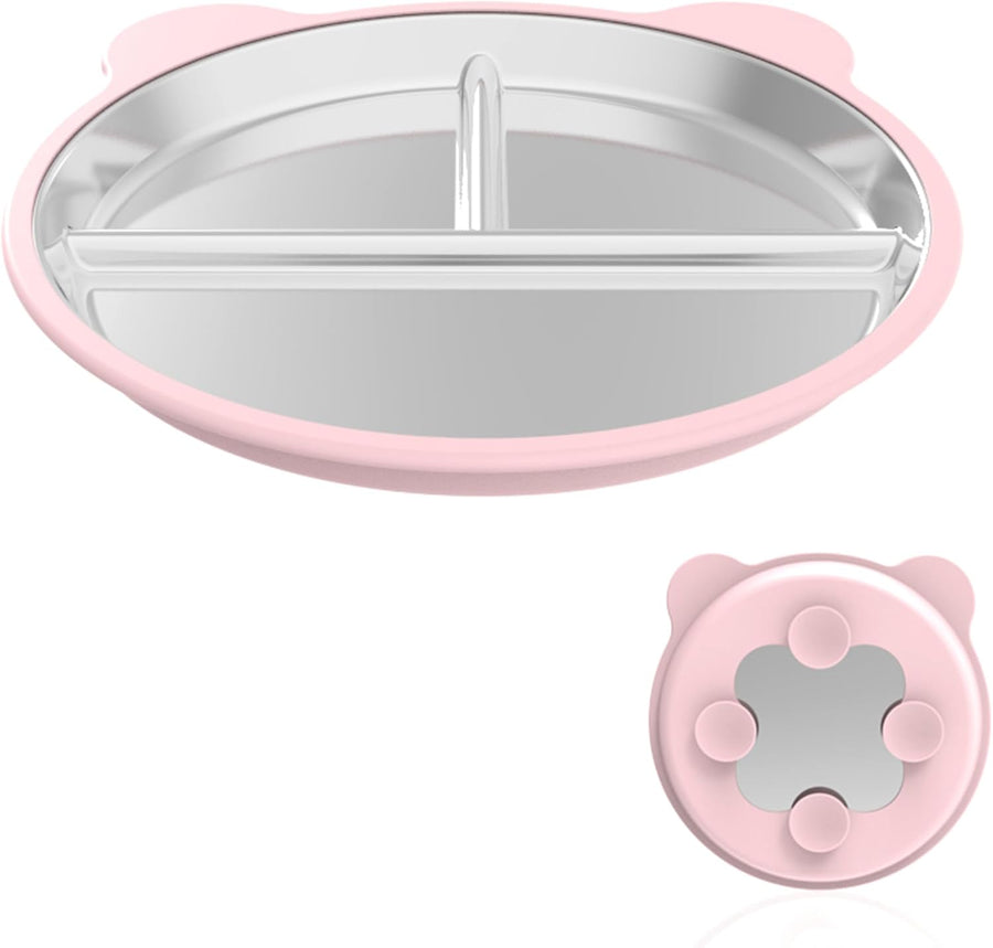 Silicone Stainless Steel Dinner Plate, 9-Inch Portion Control Plate, Balanced Lunch for Weight Loss and Diabetic Diets, Camping Metal Divider Plate (Round Pink)