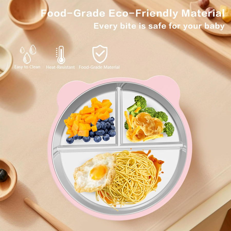 Silicone Stainless Steel Dinner Plate, 9-Inch Portion Control Plate, Balanced Lunch for Weight Loss and Diabetic Diets, Camping Metal Divider Plate (Round Pink)