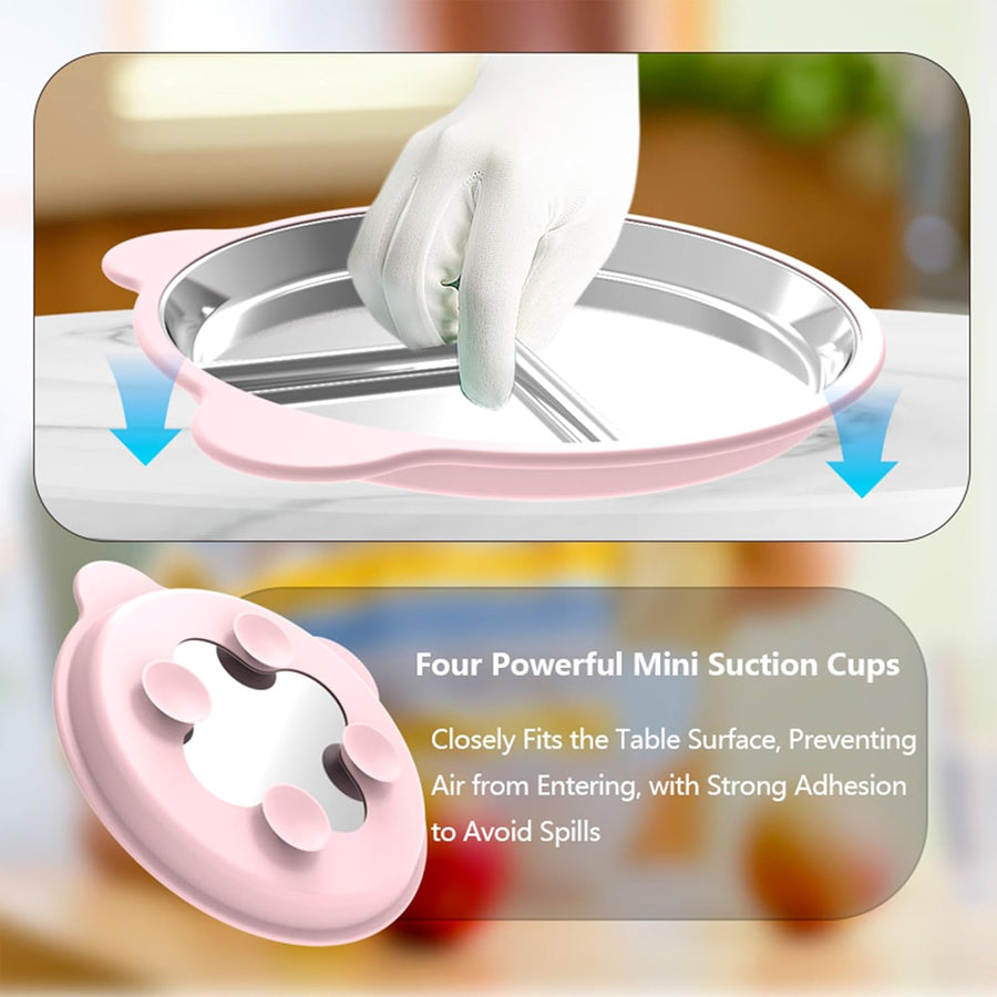 Silicone Stainless Steel Dinner Plate, 9-Inch Portion Control Plate, Balanced Lunch for Weight Loss and Diabetic Diets, Camping Metal Divider Plate (Round Pink)