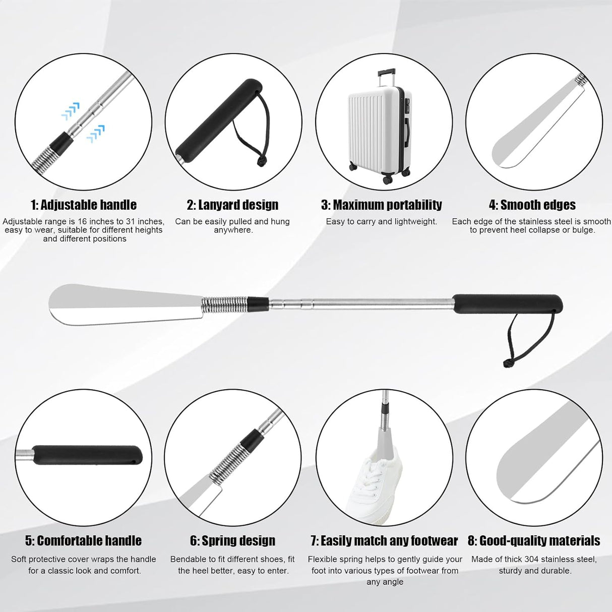 Extendable Shoe Horn, Premium Stainless Steel Adjustable Handle Shoe Lifter with Long Handle Shoehorn Telescopic Travel Shoe Helper Shoe Aid Tools for Women Men Seniors