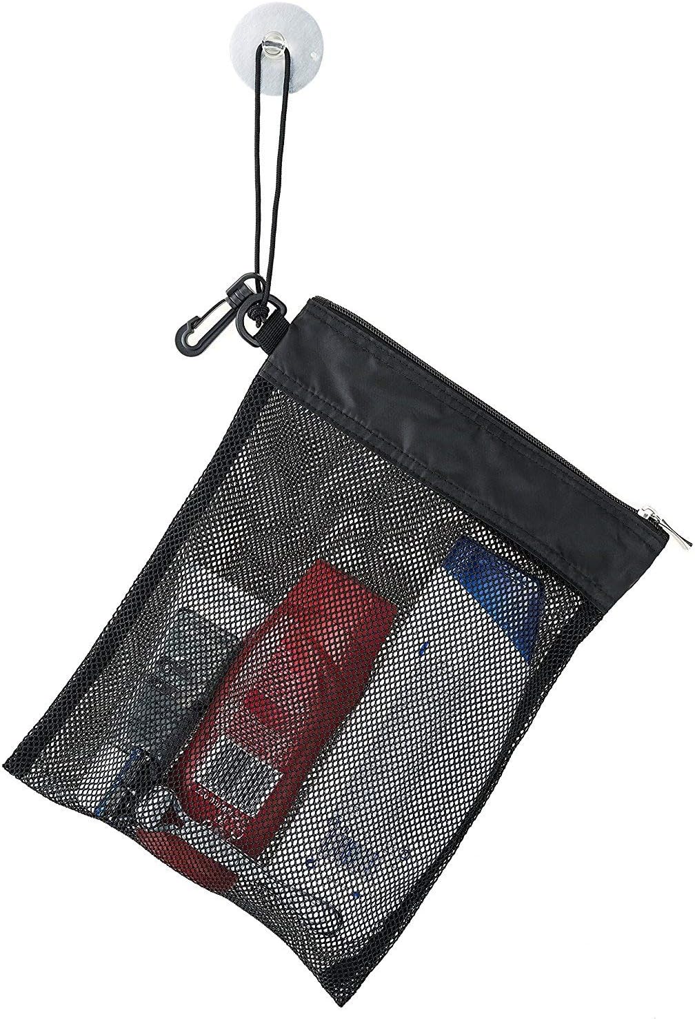 Shower Bag Tote, Mesh Caddy Toiletry Organizer 12”L x 9”W, Compact and Lightweight With Suction Cup, Cord for Hanging, Zipper and Drawstring Pouch 14”L x 10”W, Black Black