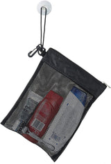 Shower Bag Tote, Mesh Caddy Toiletry Organizer 12”L x 9”W, Compact and Lightweight With Suction Cup, Cord for Hanging, Zipper and Drawstring Pouch 14”L x 10”W, Black Black - Front View