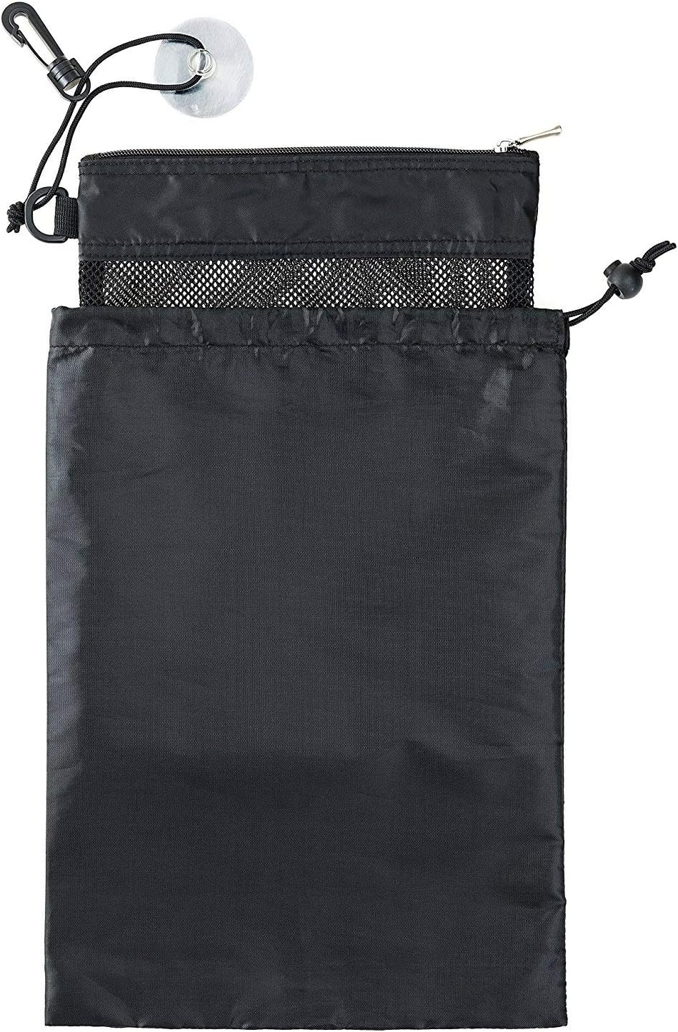 Shower Bag Tote, Mesh Caddy Toiletry Organizer 12”L x 9”W, Compact and Lightweight With Suction Cup, Cord for Hanging, Zipper and Drawstring Pouch 14”L x 10”W, Black Black