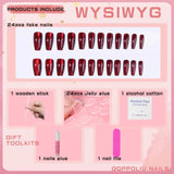 Red Press on Nails Coffin Shape Fake Nails Long False Nails with Cat Eye Design Glitter Glue on Nails for Women 24PCS 522 red 0.04 Fl Oz (Pack of 24) - Front View