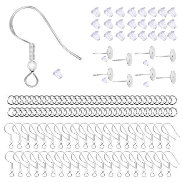 925 Silver Earring Hooks for Jewelry Making, Hypoallergenic Earring Hooks Accessories, 100 Earring Hooks, 150 Ear Plugs, SQBB