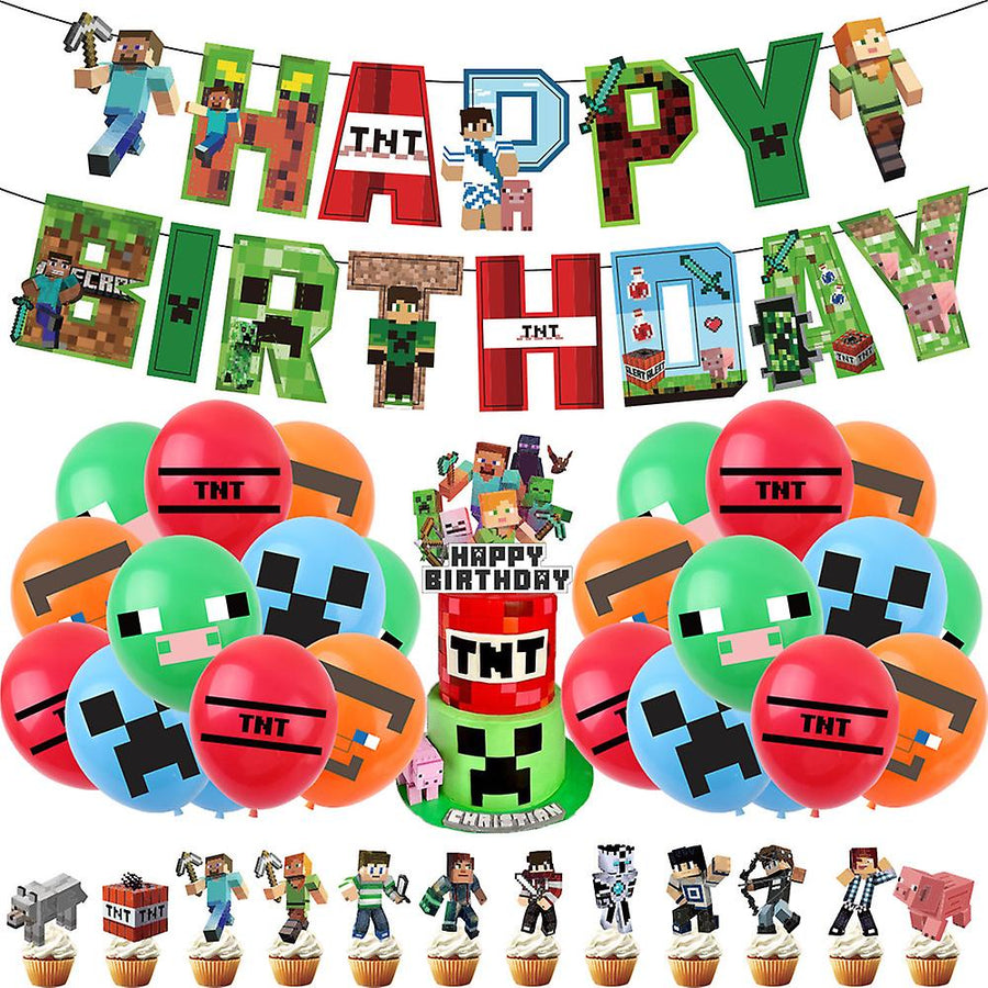 Minecraft themed birthday party balloons banner cake decorations — max