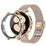 Stainless Steel Bracelet Compatible withSamsung Galaxy Watch 4 5 6 40mm 44mm Mesh Loop Bling Case Gold Set