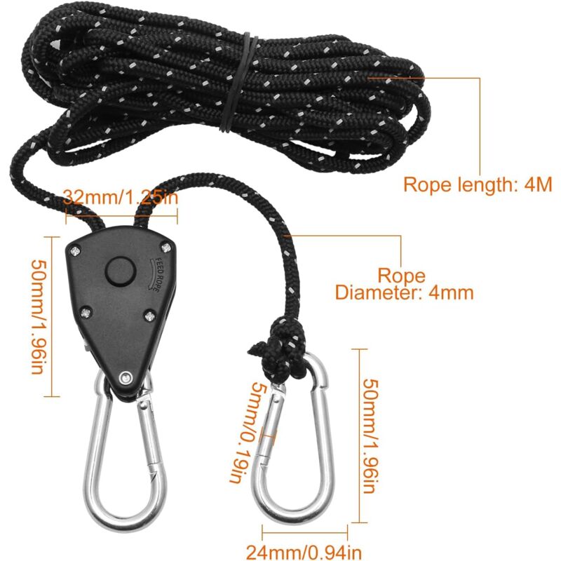 2 Pieces 4M Adjustable Ratchet ROpe, 1/8 Black Ratchet Pulley With 2 Replacement Hooks, Reflective Ratchet ROpe