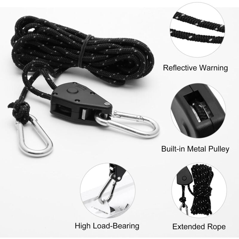2 Pieces 4M Adjustable Ratchet ROpe, 1/8 Black Ratchet Pulley With 2 Replacement Hooks, Reflective Ratchet ROpe
