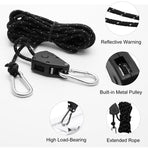 2 Pieces 4M Adjustable Ratchet ROpe, 1/8 Black Ratchet Pulley With 2 Replacement Hooks, Reflective Ratchet ROpe
