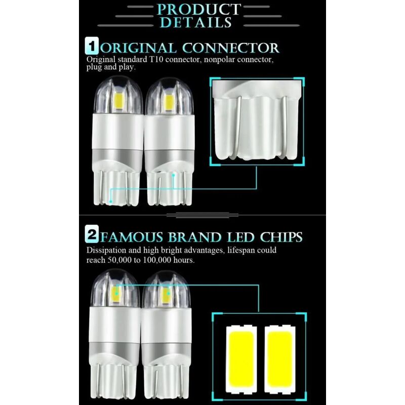T10 W5W LED Side Marker Light 12V 6000K White 168 194 LED Turn Signal Light For Car Motorcycle License Plate Light Bulb