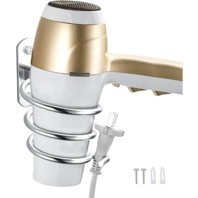 Hair Dryer Holder Aluminum Wall Mount Hair Dryer Holder Cable Rack For Kitchen Bathroom Accessories (Silver)