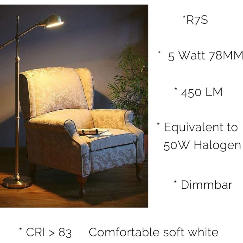 R7S LED 78Mm Dimmable Warm White 2700K 5W J78 LED Lamp 450Lm Replaces 50W Halogen Lamp Illuminant 230V 83 Ra, Pack Of 2