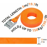 Lashing Straps, 6 M Length, 25 Mm Width, 150 Kg Lashing Capacity, Complies With Din En 12195-2 - Orange - Front View