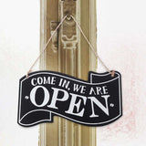 Two-Sided Open And Closed Wooden Sign With ROpe For Hanging Vintage Sign (Black) - Front View