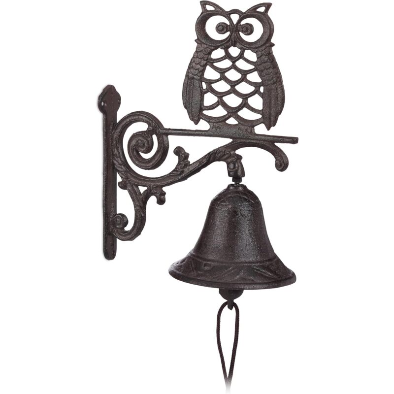 Cast Iron Owl Bell Antique Rustic Wall Mounted Doorbell Owl Cord Waterproof Decorative Garden Door DArk Brown, Brown