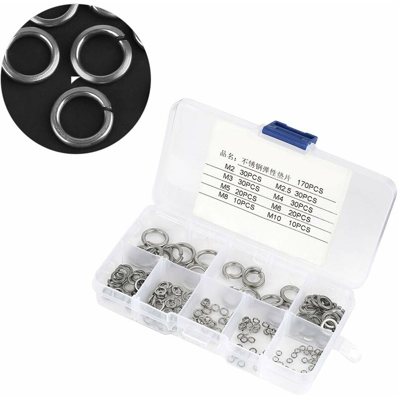180 pcs 8 Size 304 Stainless Steel Spring Washer Assortment Kit, Spring Washers Kit M2.5 M3 M4 M5 M6 M8 M10