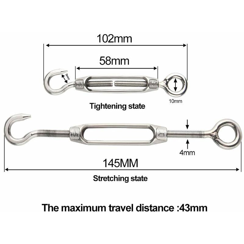 6 pcs Wire Tensioner M4 Stainless Steel Adjustable Turnbuckle Hook And Eye Set Heavy Duty