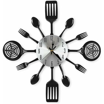16" Large Kitchen Wall Clocks With Spoons And Forks, Great Home Decor And Nice Gifts, Black