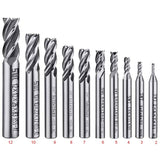 10 pcs 4 Flute End Mill Bit Set - 2-12Mm Hss Straight Shank Drill Bit Set Cnc Drill Bits Tool Set For Wood Aluminum - Front View