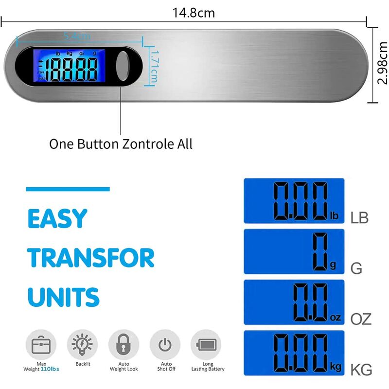 Travel Luggage Scale, Portable Digital Luggage Scale Max 50Kg/110Lb (Lb,G,Oz,Kg) Scale With Hook For