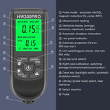 Coating thickness gauge - Paint thickness gauge - Digital coating thickness gauge - Car paint thickness gauge - Measuring range 0 to 2000 µm - Car paint gauge with portable cable - Black - Side View