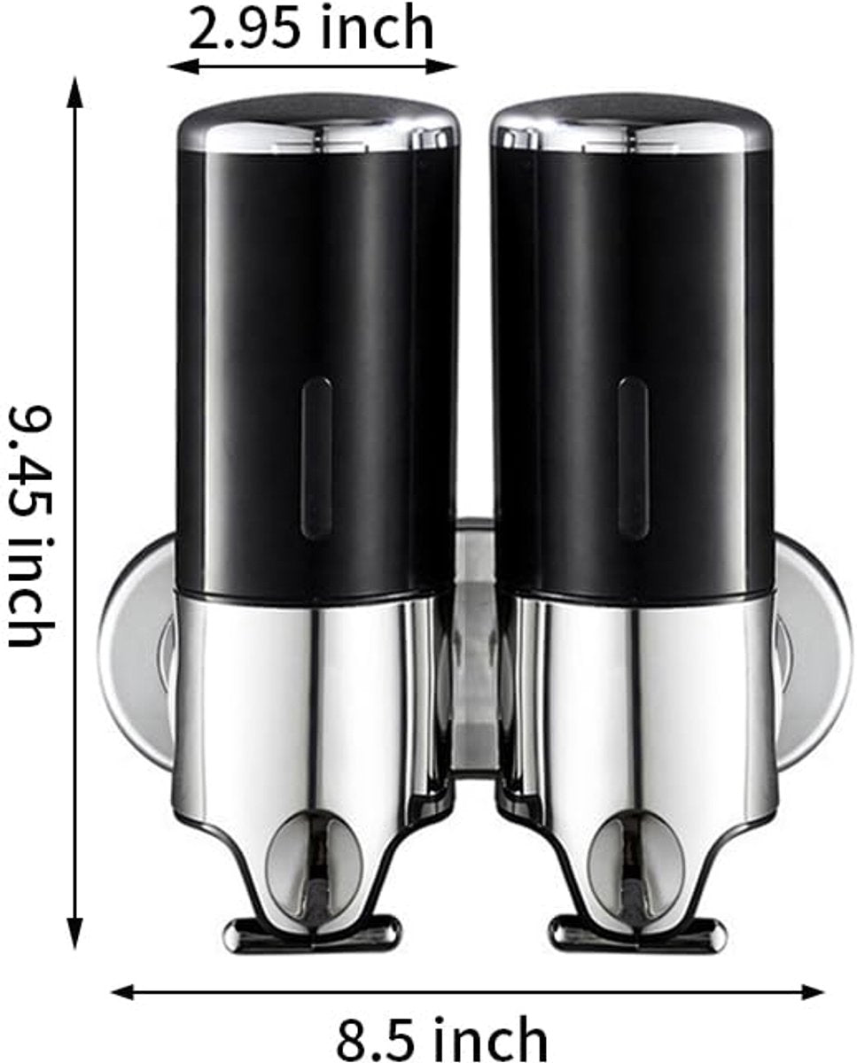Soap Dispenser - 2 in 1 Liquid Dispenser - Liquid Dispenser - 2 x 500 ml - Wall Mounted Soap Dispenser - Kitchen - Bathroom - Shower - 24.1 x 21.6 x 10 cm - Black