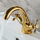 retro two-handle basin taps, in vintage antique brass, with cross handle, elegant design and simple holes, gold plated