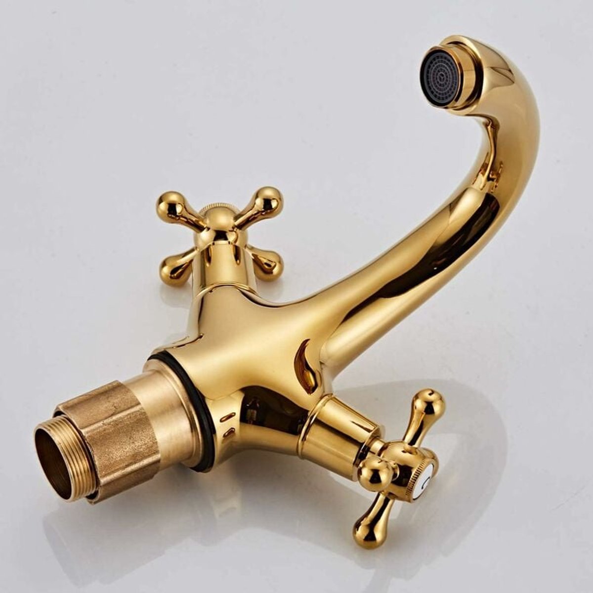retro two-handle basin taps, in vintage antique brass, with cross handle, elegant design and simple holes, gold plated