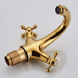 retro two-handle basin taps, in vintage antique brass, with cross handle, elegant design and simple holes, gold plated