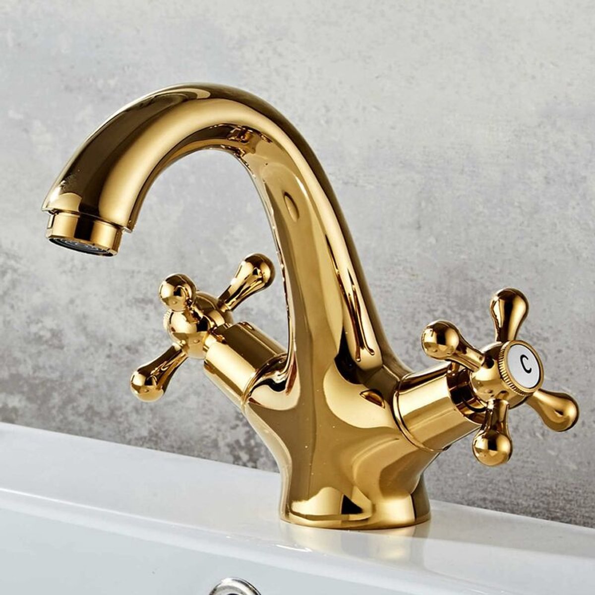 retro two-handle basin taps, in vintage antique brass, with cross handle, elegant design and simple holes, gold plated