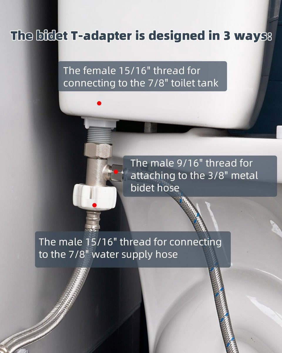 Bidet T-adapter, Metal T-valve for bidet (7/8" x 7/8" x 3/8") or (15/16" x 15/16" x 9/16"), 3-way T-connector for bidet and toilet