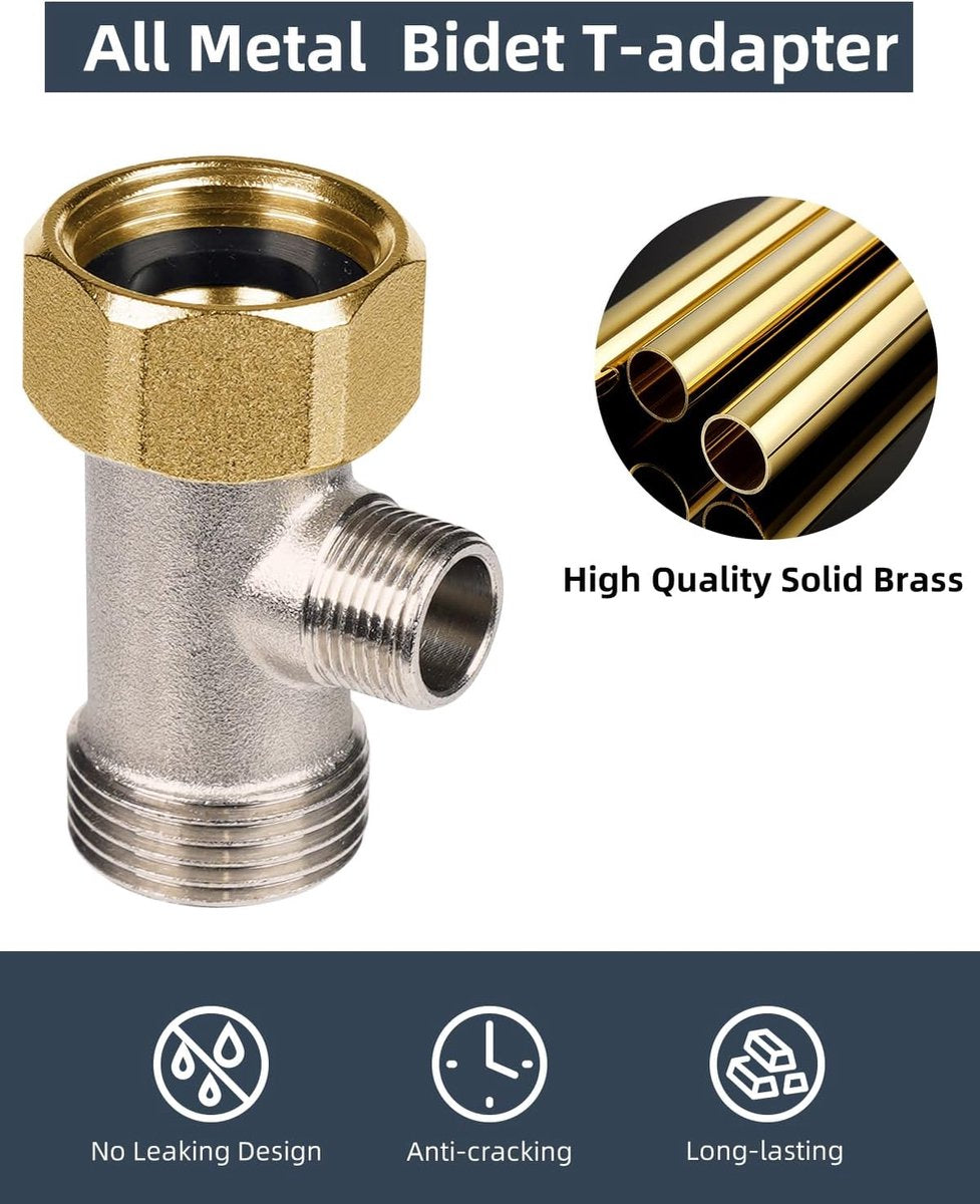 Bidet T-adapter, Metal T-valve for bidet (7/8" x 7/8" x 3/8") or (15/16" x 15/16" x 9/16"), 3-way T-connector for bidet and toilet